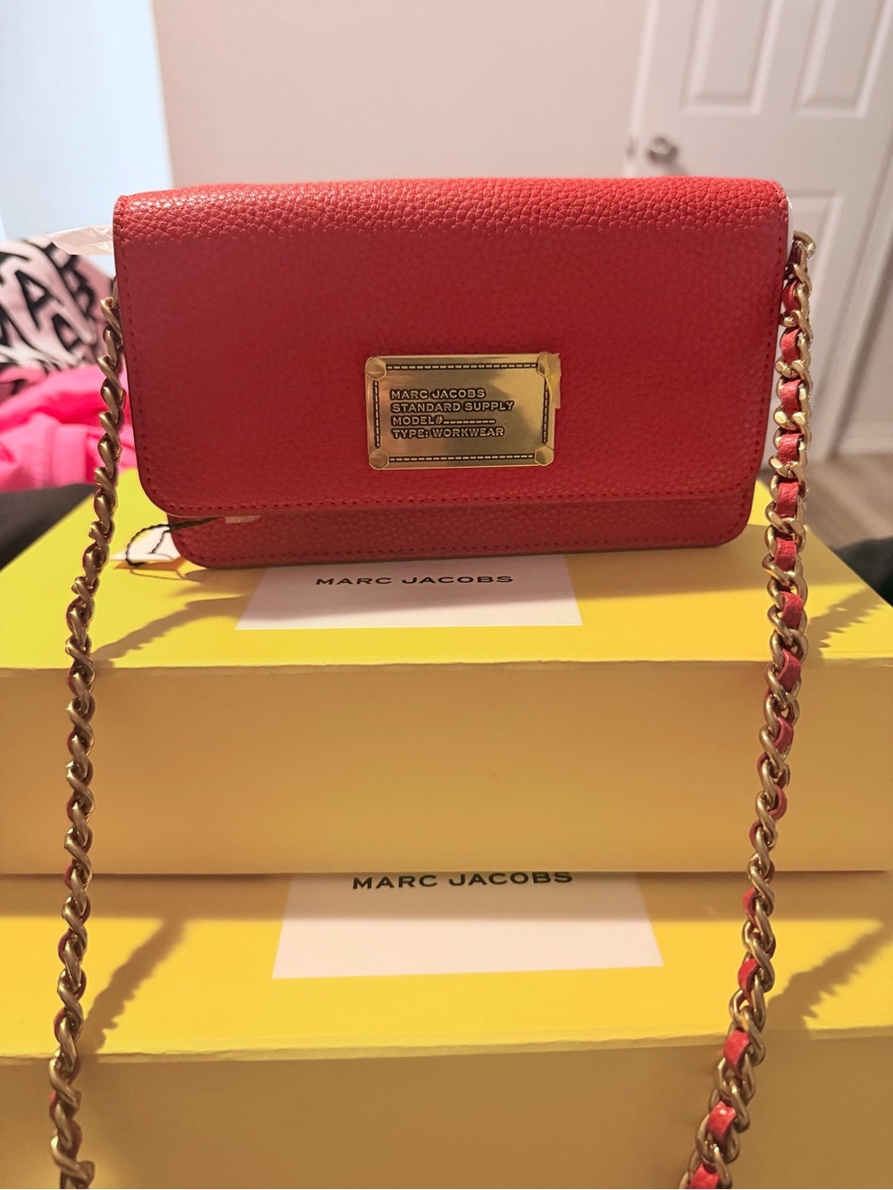 Marc Jacobs Red Leather Chain Strap Crossbody with Gold Plaque